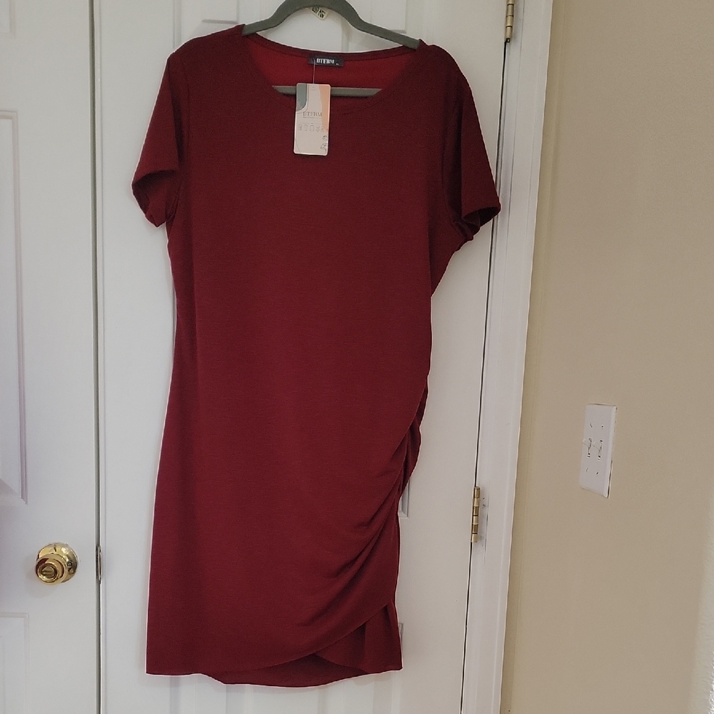Ripe Wine Red Side Ruching Tee Dress
